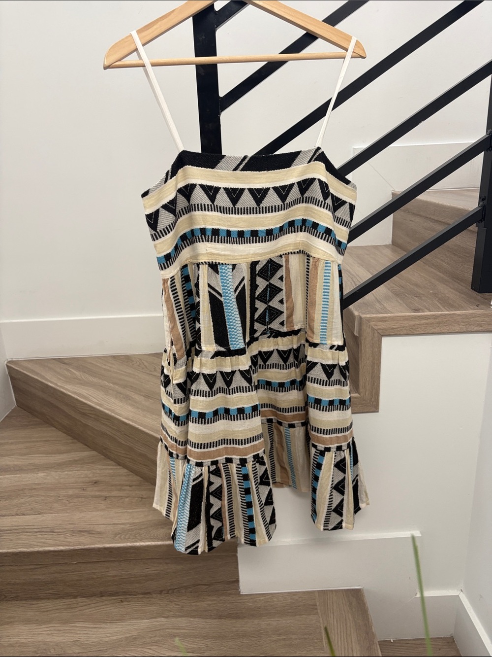 Elan Tribal Stripe Mini Dress in Cream, Black & Blue